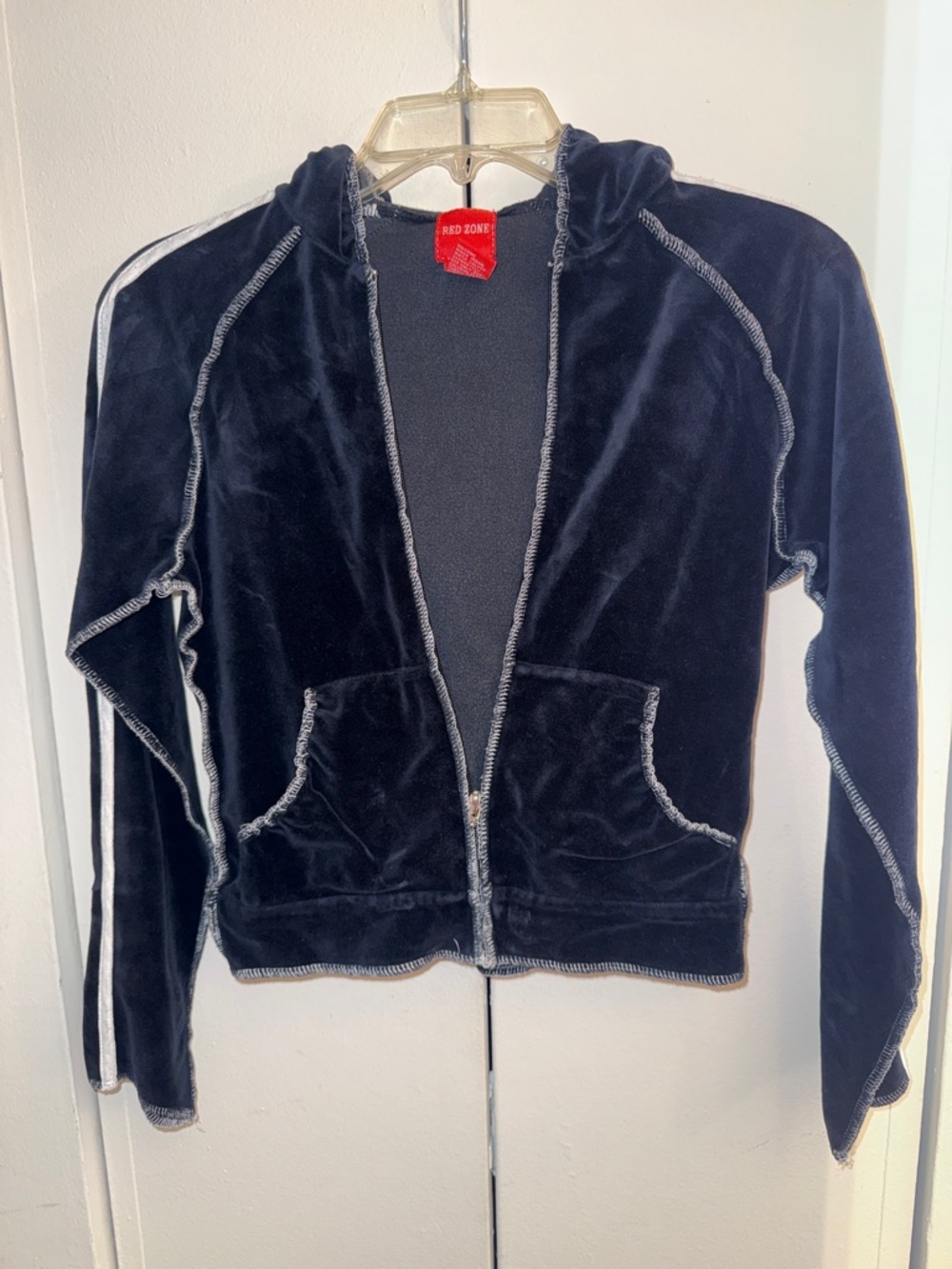 Women Black velour zip up cropped hoodie with white stripes 90s size XXS